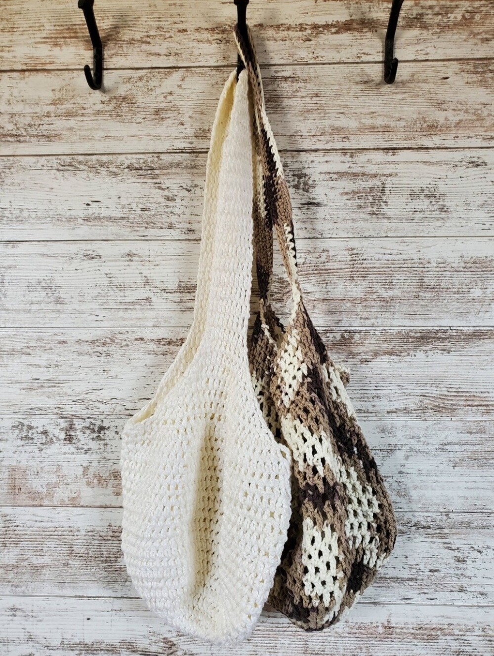 Boho Crocheted Market Bags Earth Tone & Ivory Slouchy Mesh Hobo Tote Set 2